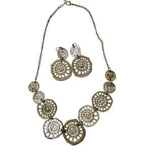 Necklace & Drop Earring Set Gold & Silver Tone Lattice Graduated Discs Boho